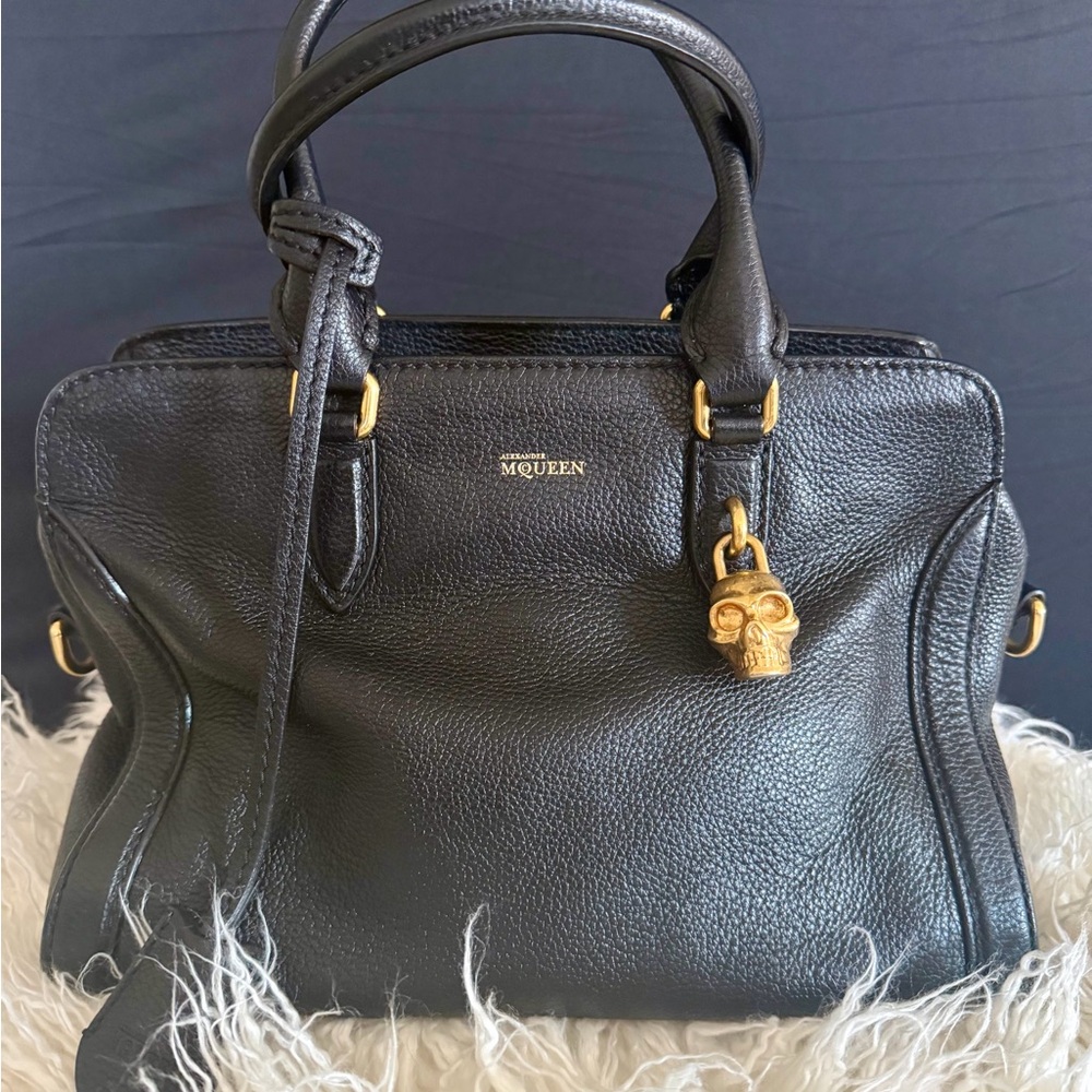 Alexander McQueen Black Satchel with Gold Skull Charm